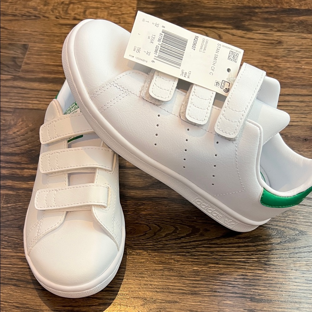 Adidas Kids White and Green Velcro Sneakers